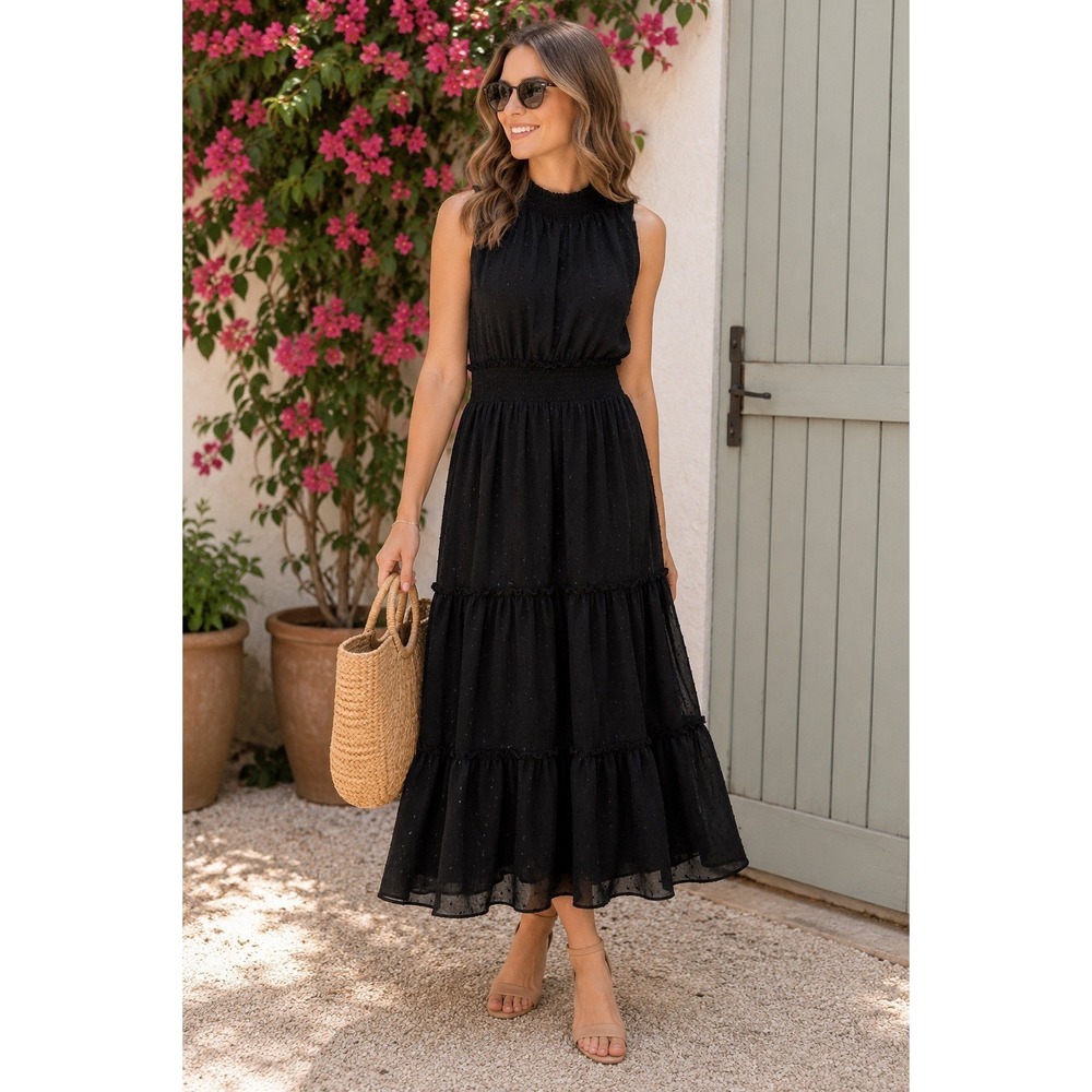 Draper James RSVP XL Black Swiss Dot Tiered Maxi Dress Smocked Waist Sleeveless‎